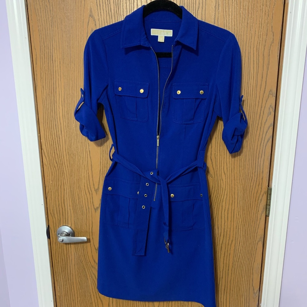 Royal Blue Belted Zip- Front Shirtdress